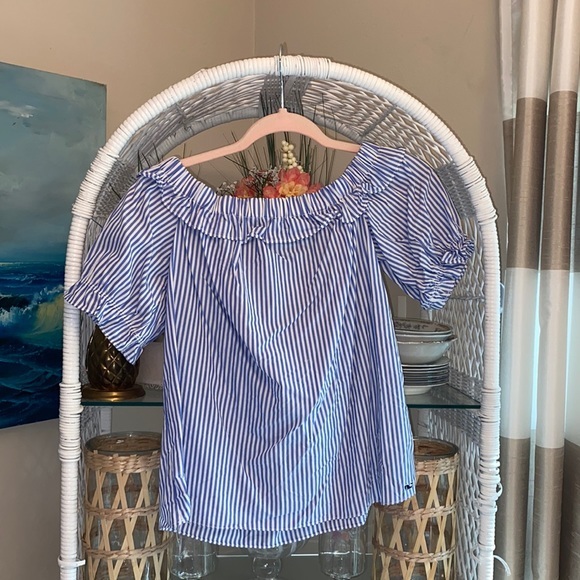 Vineyard Vines Seersucker Blue Top Off Shoulder XS - Picture 3 of 3